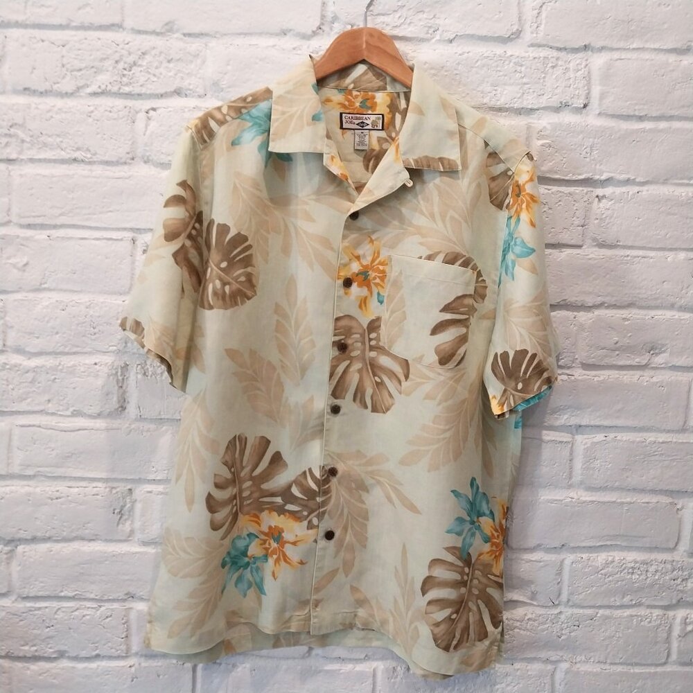 Caribbean Joe 100% Linen Shirt Mens M Green Floral Hawaiian Short Slv Button Up